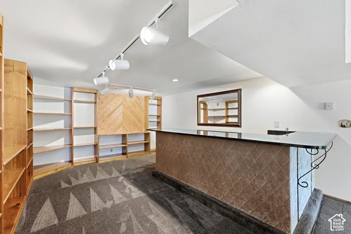 Built-in shelving, track lighting, herringbone wood-finish accent wall, built-in bar, and integrated sink