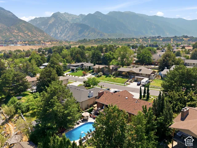 Mountain backdrop with established residential properties and mature landscaping