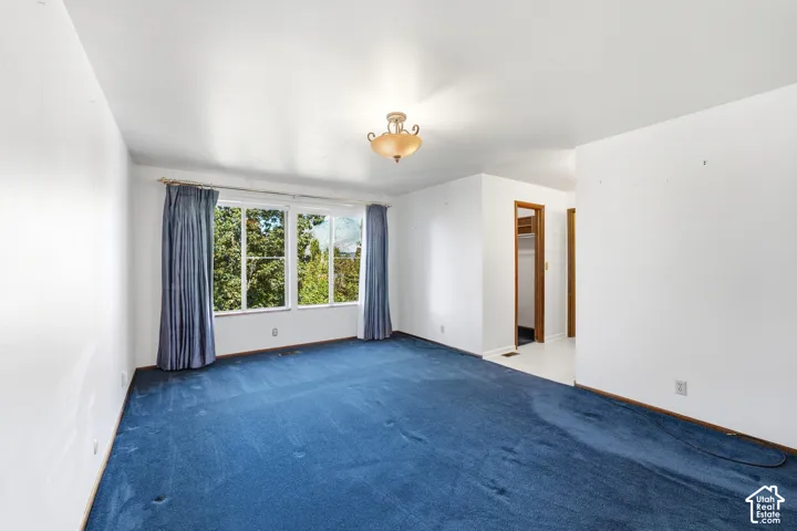 Expansive room featuring blue carpeting, white walls, a large multi-pane window, and a built-in closet with a wood-finish door frame