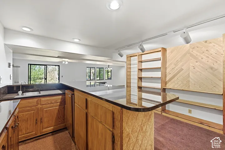 Built-in bar with wood cabinetry and dark countertops