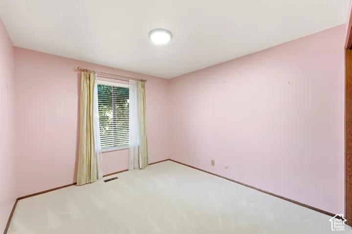 Plush carpeting, window with blinds, and flush-mount ceiling light fixture