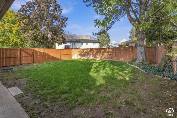 Expansive backyard featuring a wood privacy fence, established trees, and a concrete patio