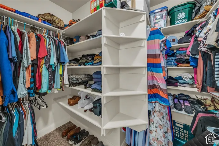 Walk-in closet featuring extensive built-in shelving, multiple hanging rods, and corner shelving units