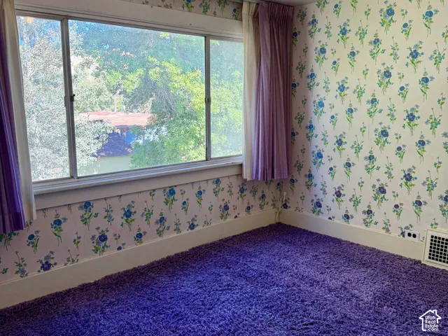 Wall-to-wall purple shag carpeting, floral wallpaper, and a multi-pane window