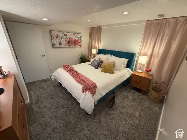 Recessed lighting fixtures, broadloom carpet, and a white interior door with contemporary hardware
