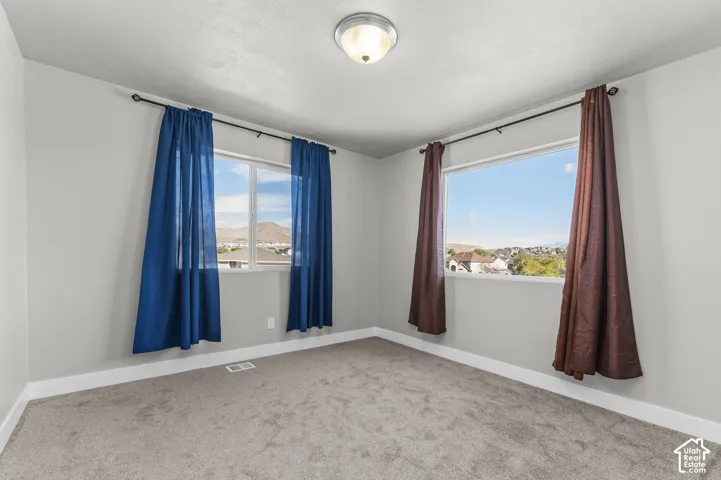 Neutral tone wall finish, light gray carpeting, and a flush mount ceiling light fixture