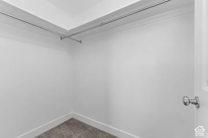 White walls featuring dual-level hanging rods, carpet flooring, and a brushed nickel door handle