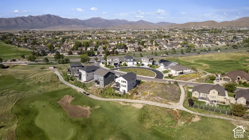 Residential neighborhood with varied architectural styles, green spaces, and distant mountain backdrops