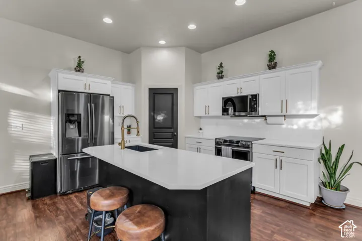 Gourmet kitchen with white cabinetry, stainless steel appliances, and a central island featuring a sink and white countertop