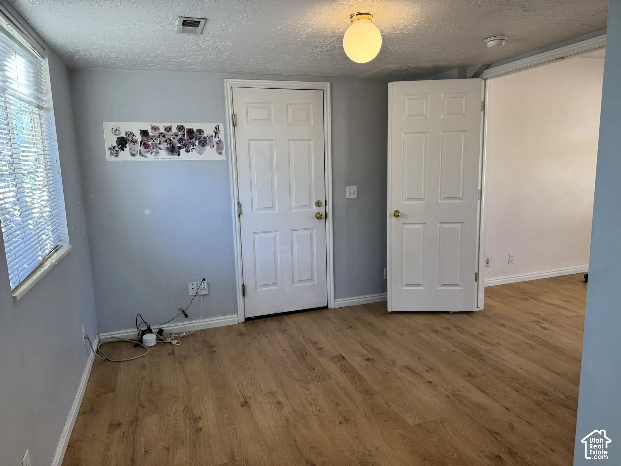 Wood-finish flooring throughout, white interior doors, and a window with horizontal blinds