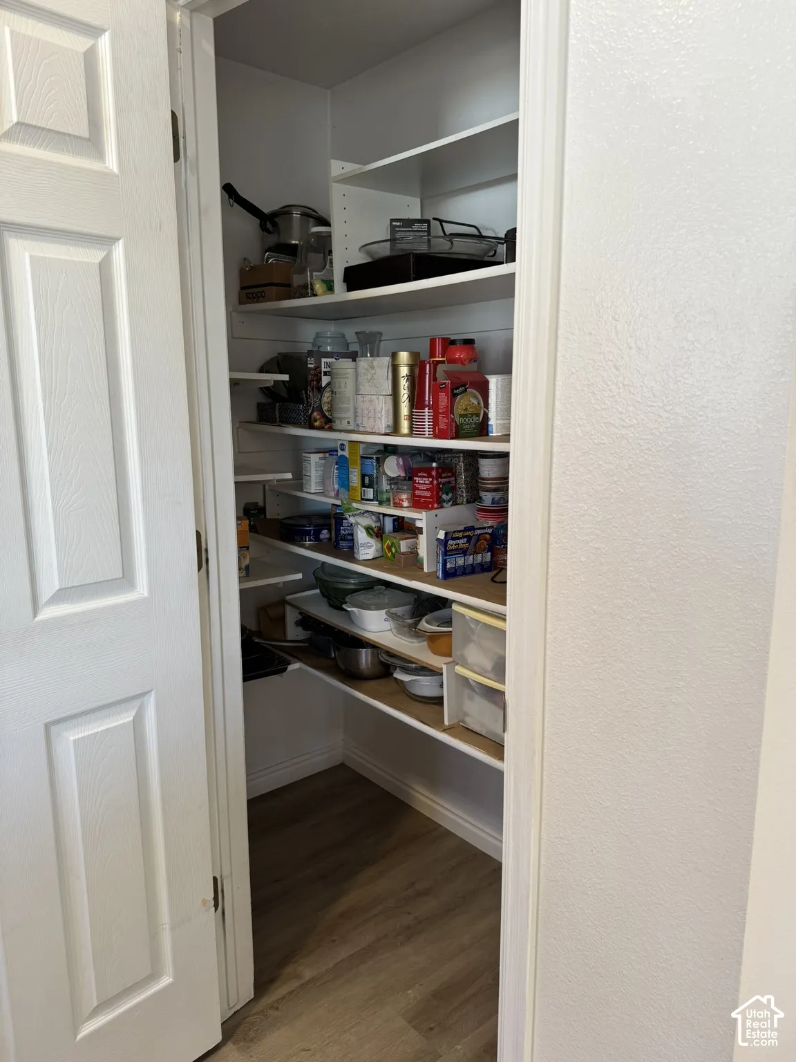 Walk-in pantry with wood-finish flooring and extensive shelving