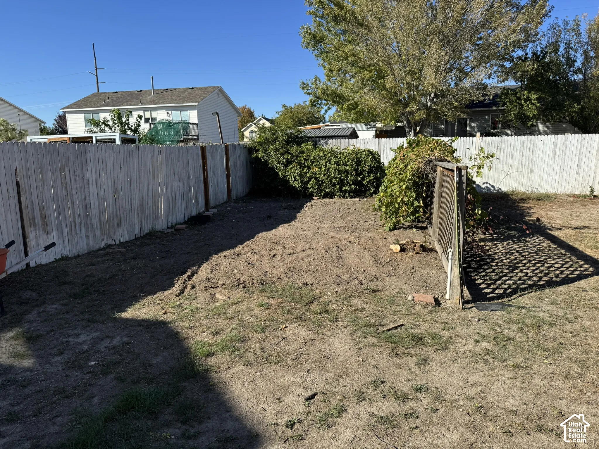 Private backyard space featuring wood panel fencing, established perimeter shrubbery, and a trellised section