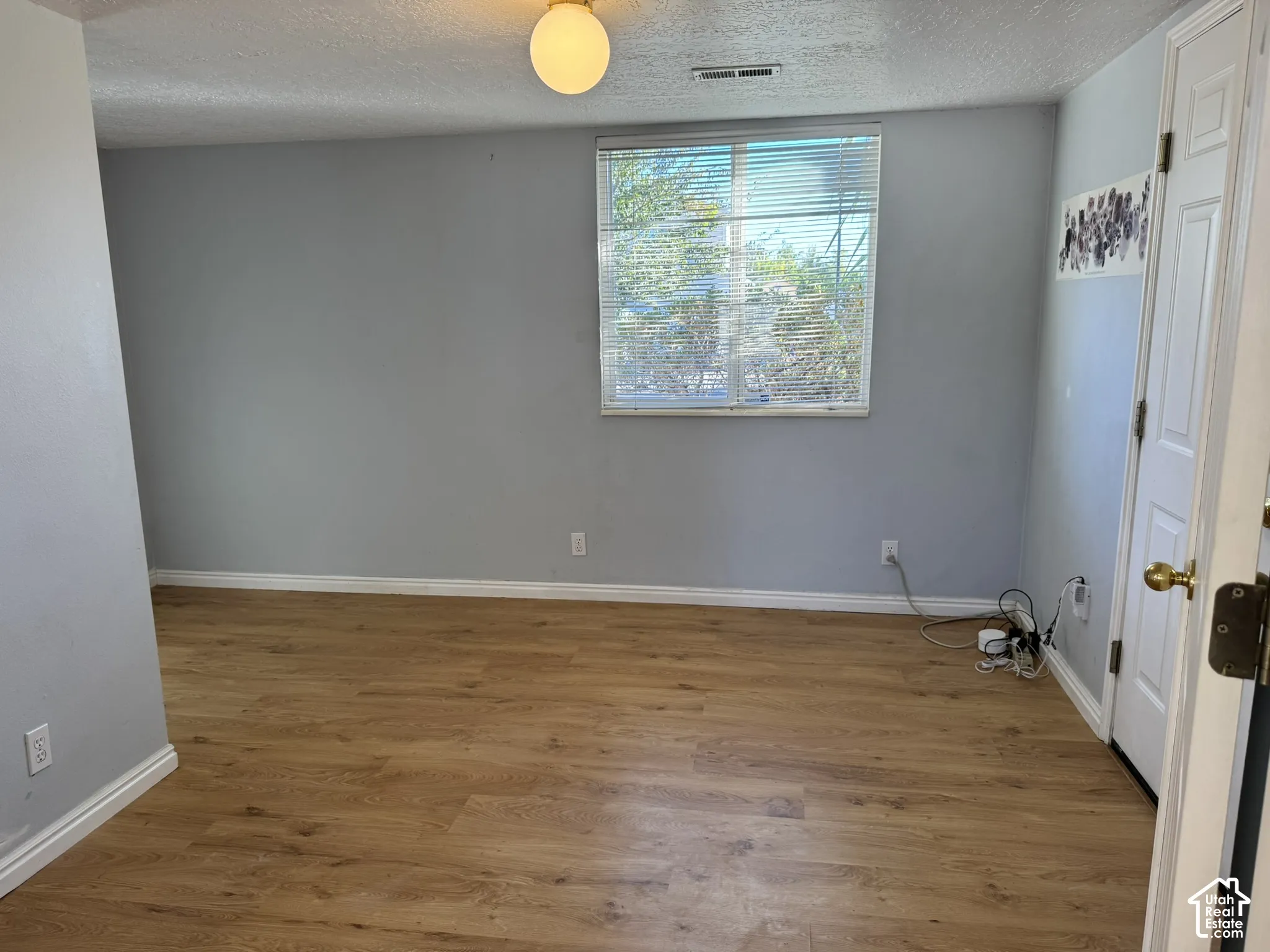 Wood-finish flooring, neutral gray wall paint, window with blinds, and flush-mount ceiling light fixture