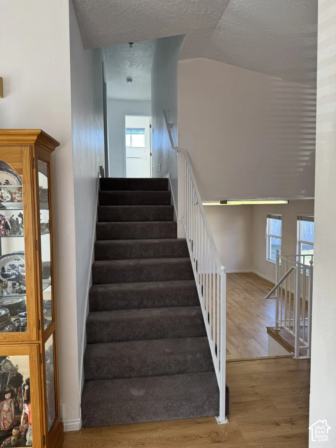 Carpeted staircase with white railings, wood-finish flooring, and natural light from multiple windows