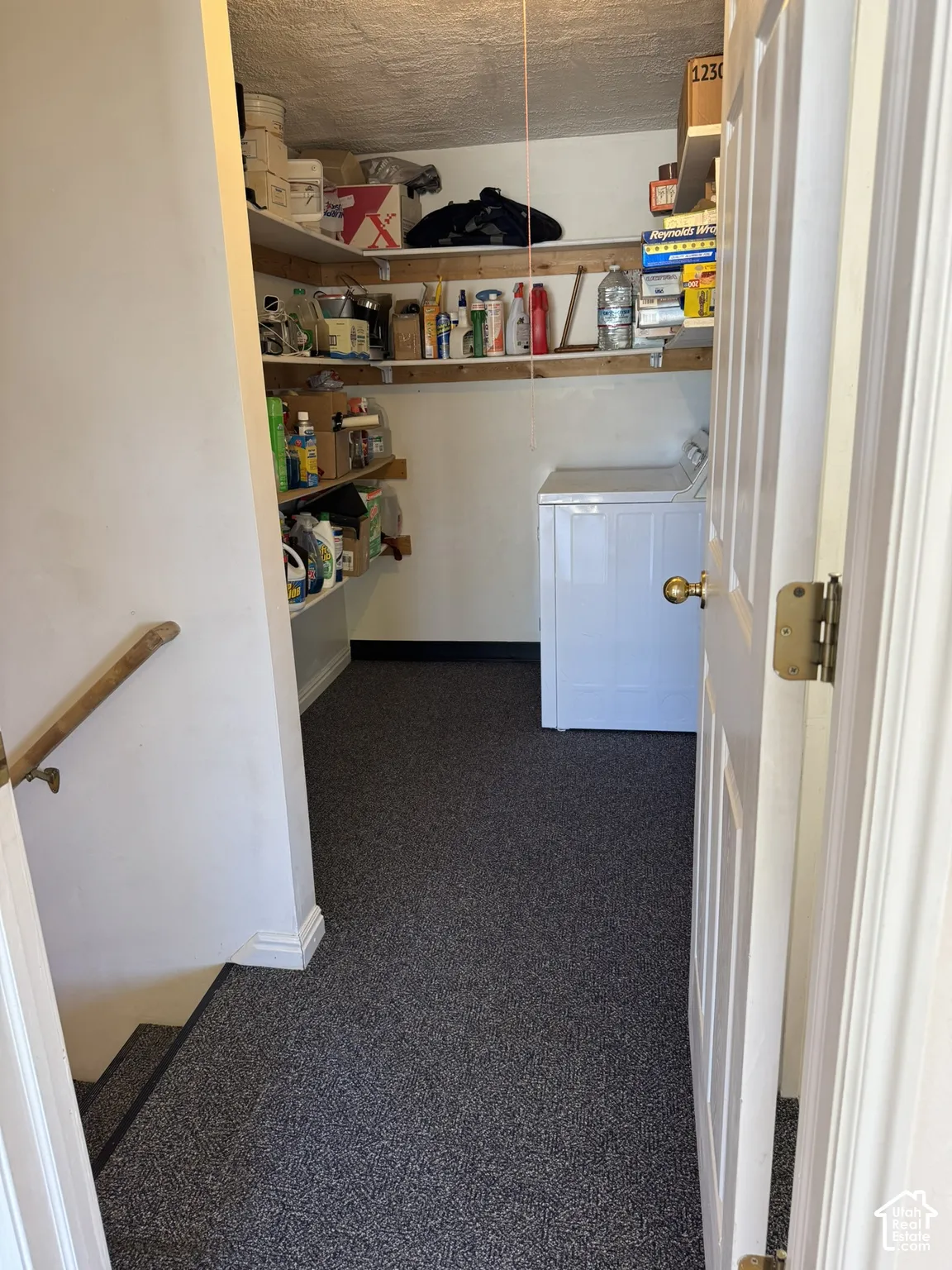 Utility space featuring built-in shelving, a washer, and speckled flooring