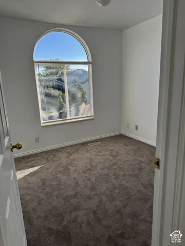 Arched window with blinds, white walls, and dark carpet flooring