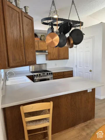 Wood-finish cabinetry, light-toned countertops, and a built-in stainless steel range with overhead ventilation