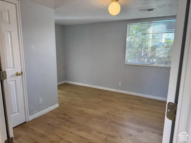 Wood-finish flooring, light grey wall tones, white trim, and a window with horizontal blinds
