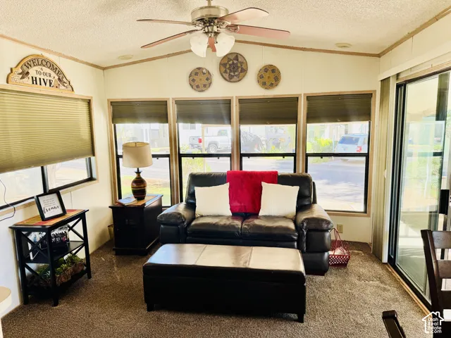 Vaulted ceiling with a ceiling fan, multiple windows with cellular shades, sliding glass door, and neutral-toned carpeting