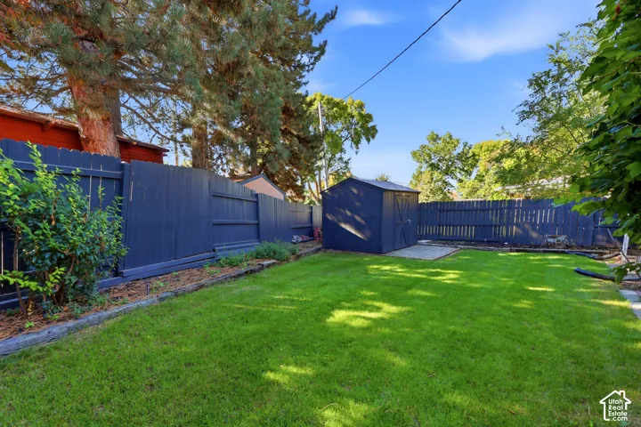 Expansive lawn with a perimeter fence, mature trees, and a detached storage shed on a concrete pad