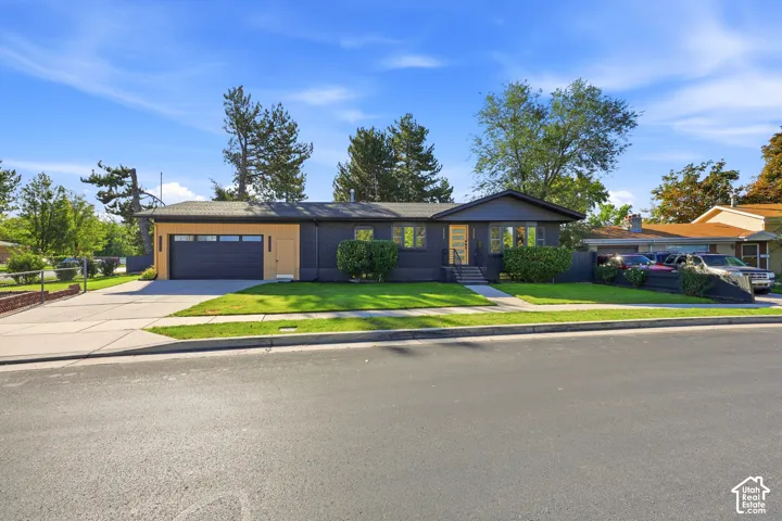 Contemporary exterior with a two-car garage, concrete driveway, and established front landscaping