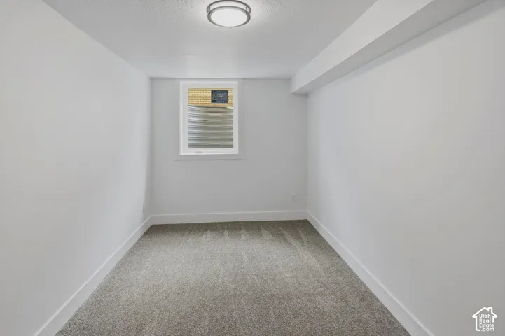 Recessed ceiling light fixture, white painted walls, gray carpet flooring, egress window, white window trim