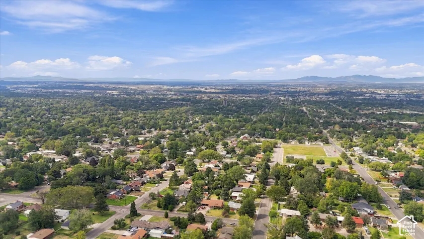 Expansive aerial perspective showcasing a residential area with established tree canopy and a distant mountain range