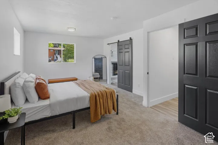 Plush carpet flooring, a large window, and a sliding barn door with a matte black track