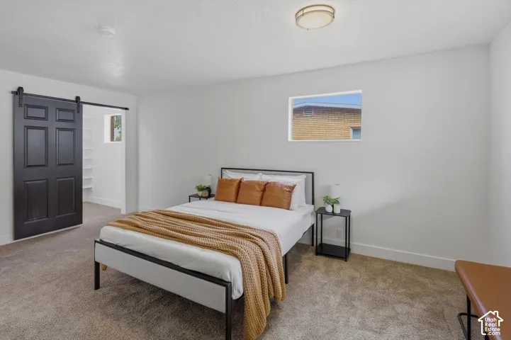 Carpeted flooring, white walls, flush mount ceiling light, and a barn door entry to a closet with built-in shelving