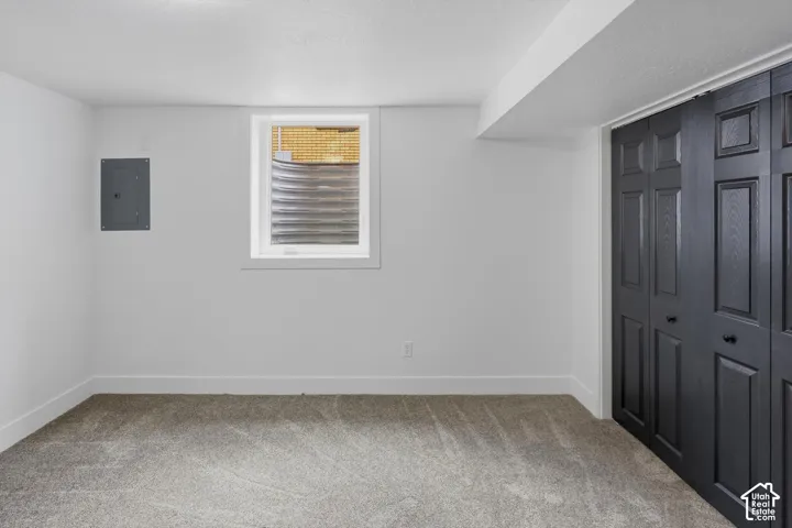 Gray textured carpeting, white walls, and dark paneled bifold doors