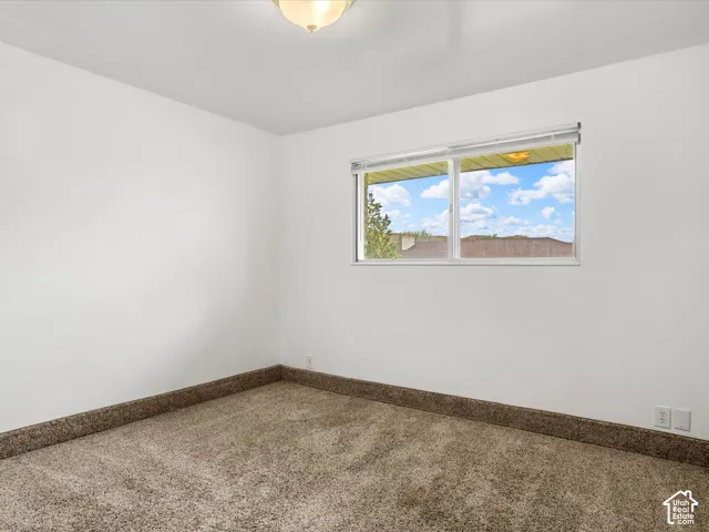Neutral wall-to-wall carpeting, horizontal sliding window, and flush-mount ceiling light fixture
