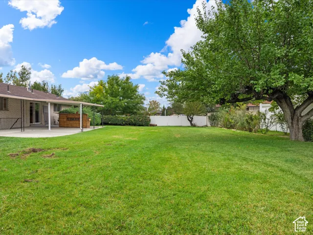 Expansive backyard featuring a manicured lawn, mature trees, a concrete patio, and a solid perimeter privacy fence