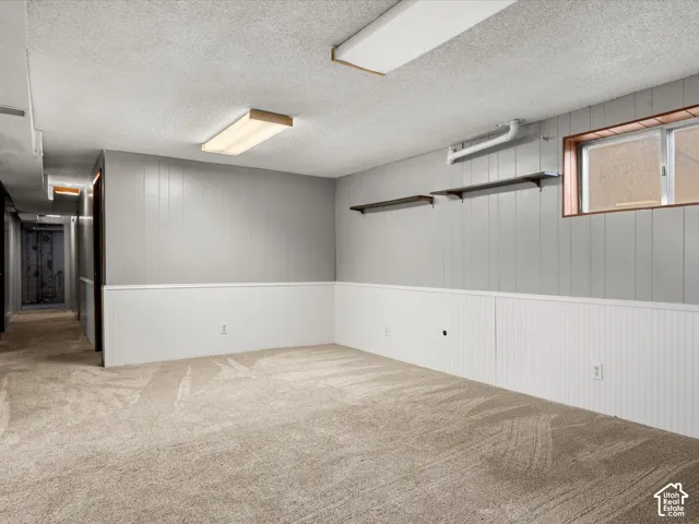 Interior space featuring wall-to-wall carpeting, wood-paneled walls with beadboard wainscoting, flush-mount lighting fixtures, built-in wall shelving, and a rectangular hopper-style window