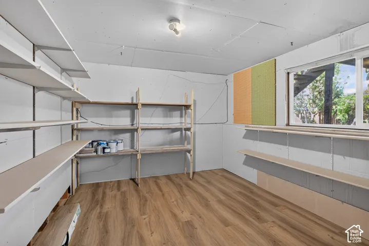 Ample built-in shelving, wood-finish flooring, a window providing natural light, and overhead lighting