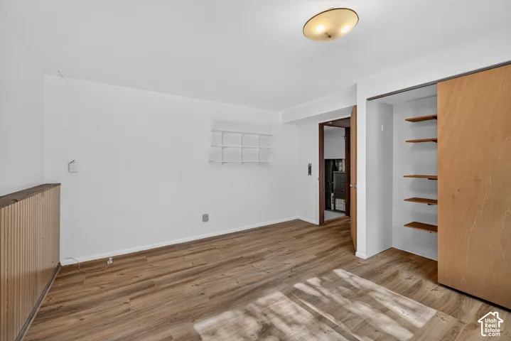Wood-finish flooring throughout, with a built-in storage unit, and a flush-mount ceiling light