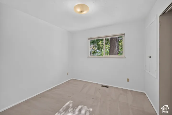 Recessed window with exterior foliage, wall-mounted light fixture, and neutral carpeting
