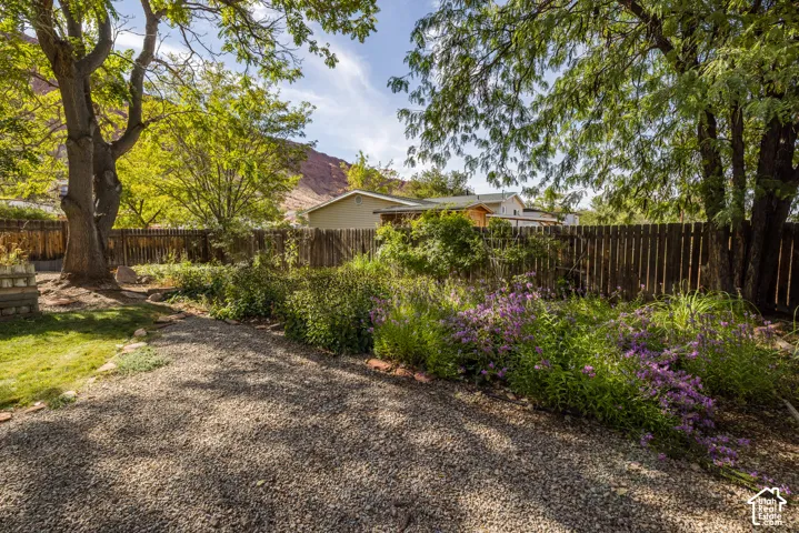 Gravel pathway with established plantings, mature trees, and a wood fence
