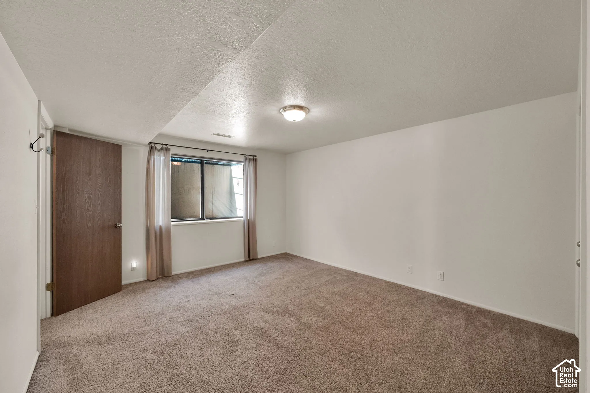 Carpeted room with a ceiling-mounted light fixture, egress window, and a solid-core door