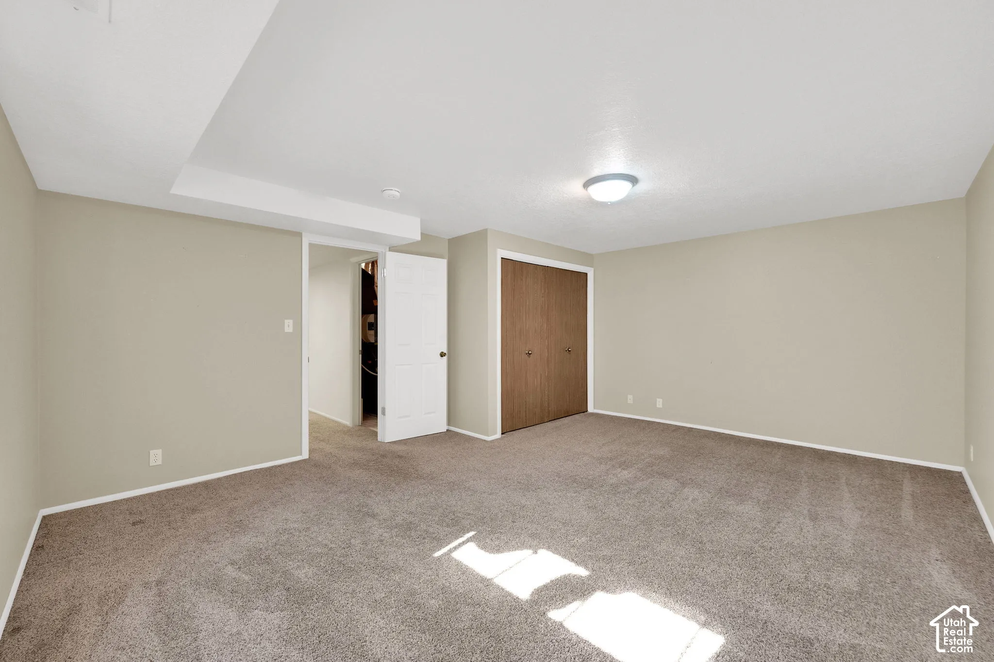 Neutral wall paint, carpet flooring, a flush-mount ceiling light, and wood-finish closet doors