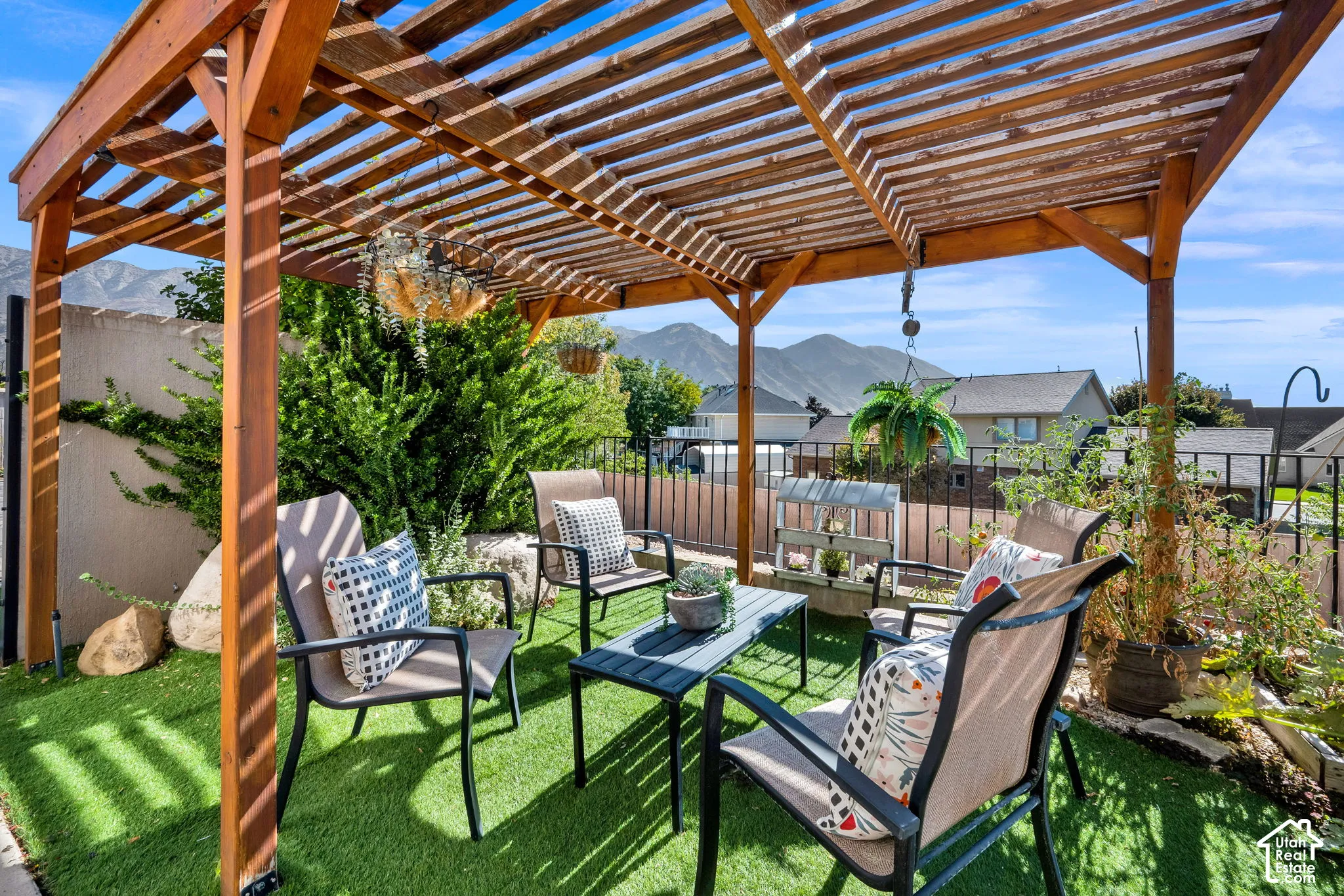 Wood pergola structure with slatted roof