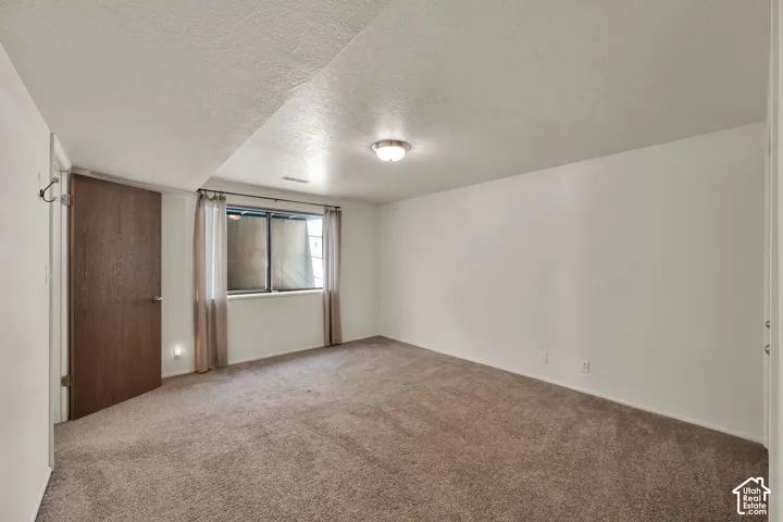Carpeted room with a ceiling-mounted light fixture, egress window, and a solid-core door