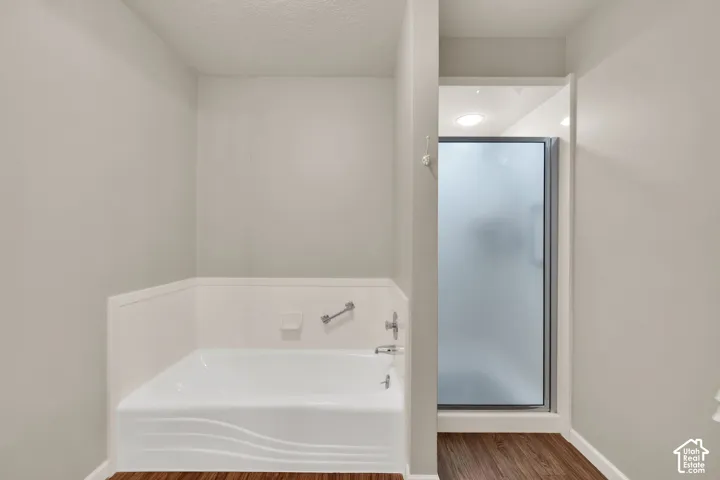 Built-in tub with chrome fixtures, enclosed shower with frosted glass door, and wood-finish flooring