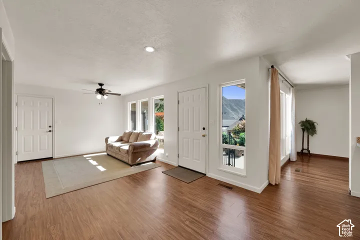Wood-finish flooring, recessed lighting, ceiling fan, multiple windows, and paneled doors
