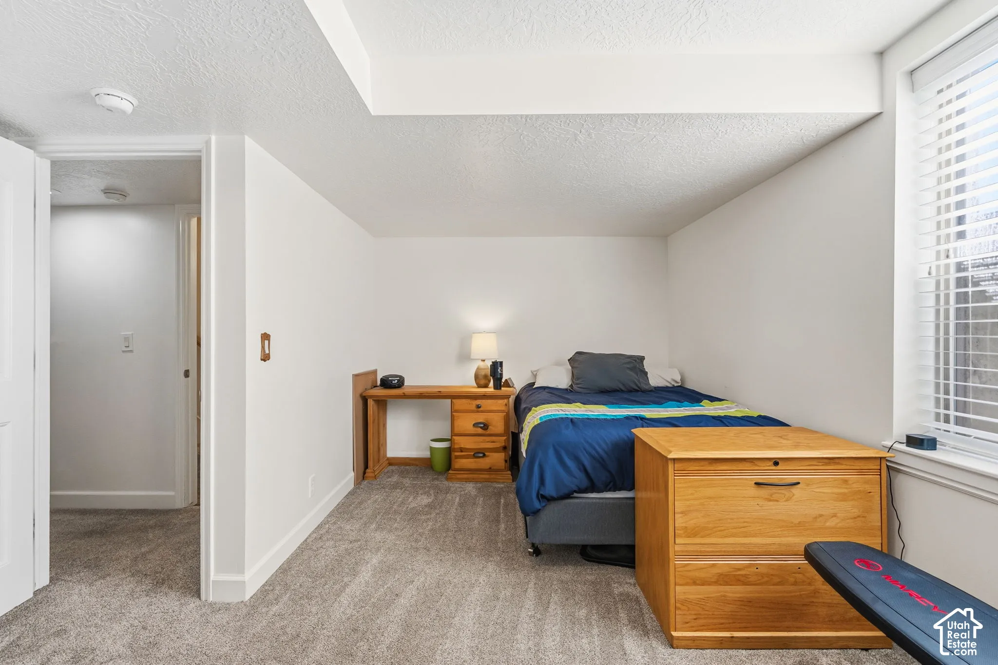 Recessed lighting, wall-to-wall carpeting, and a window with blinds