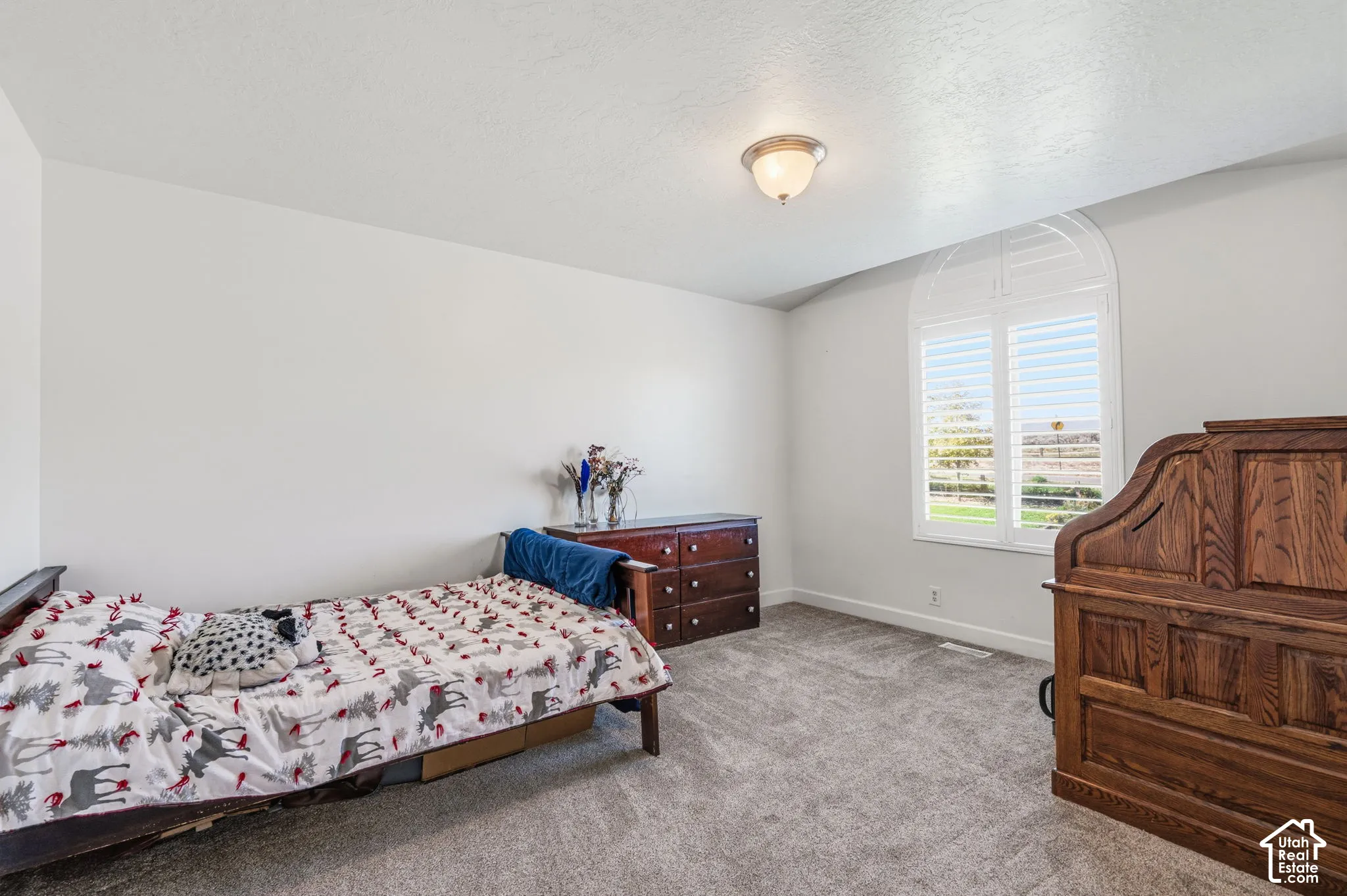 Arched window with plantation shutters, neutral-toned wall paint, gray carpet flooring, and a flush mount ceiling light