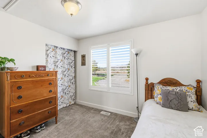 White walls with recessed closet area, dual windows with plantation shutters, and light gray carpeting