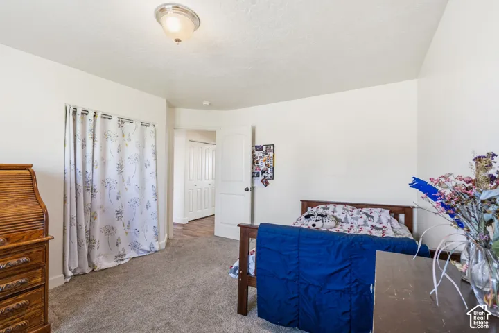 White walls complement the gray carpet flooring and semi-flush mount ceiling light