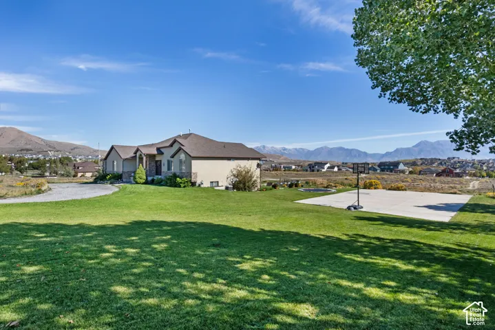Expansive lawn with a concrete sports court and mountain backdrop