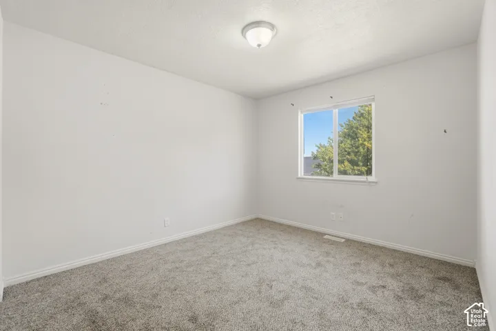 Neutral wall color, carpeted flooring, window with white trim, and a ceiling-mounted light fixture