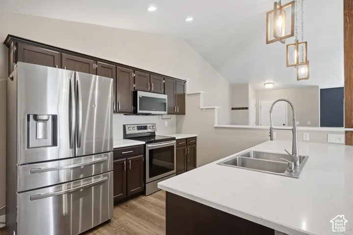 Kitchen featuring dark wood-finish cabinetry, stainless steel appliances, white countertops, a double basin sink with a pull-down faucet, and wood-finish flooring